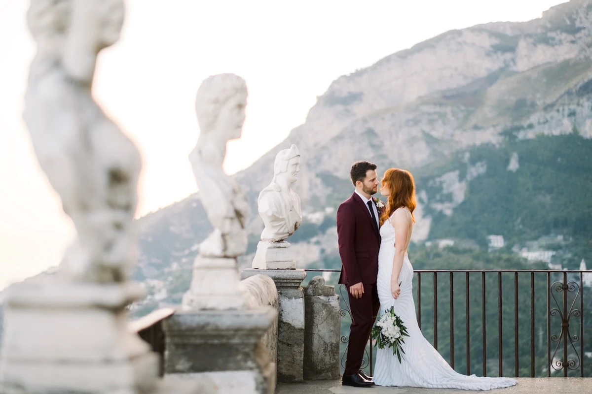Newlyweds on a terrace villa cimbrone