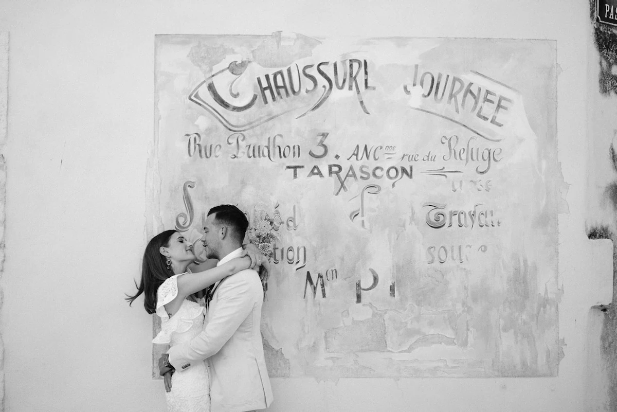 Two newlyweds embracing
